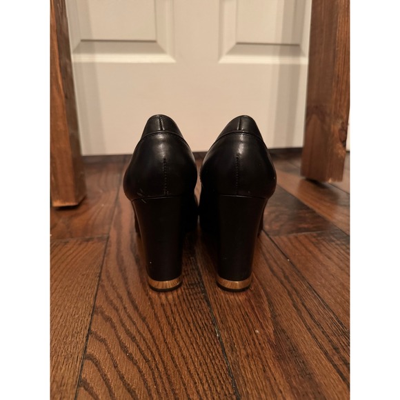Tory Burch Black Leather Block Heel Pumps Gold Logo Round Toe Women's Size 10.5M - Picture 3 of 8